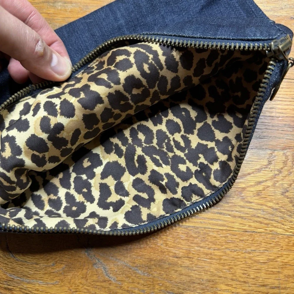7 For All Mankind Blue‎ Denim Bag - Leopard Print Lining Pouch Purse Clutch NWOT